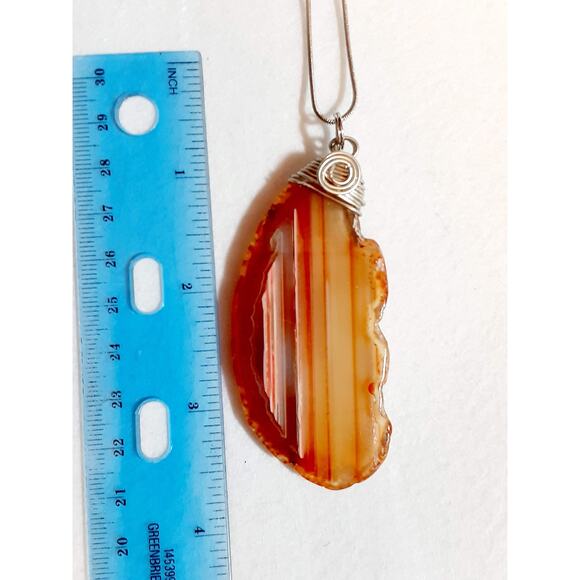 Brown Stripe Agate Slice Wire Wrap Necklace Handmade - Picture 3 of 4